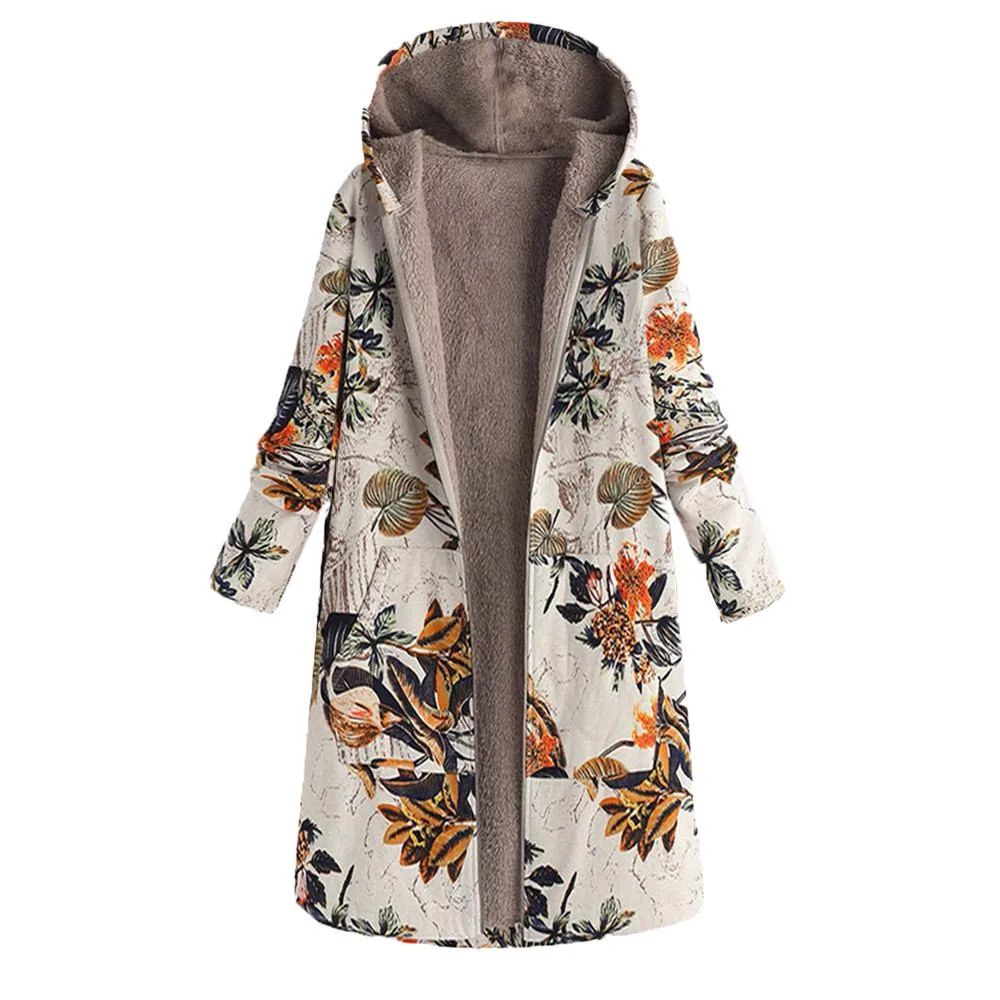 Женские зимние пальто, теплая модная куртка с капюшоном и карманами с цветочным принтом, повседневное пальто с длинными рукавами, большие размеры, популярные женские куртки