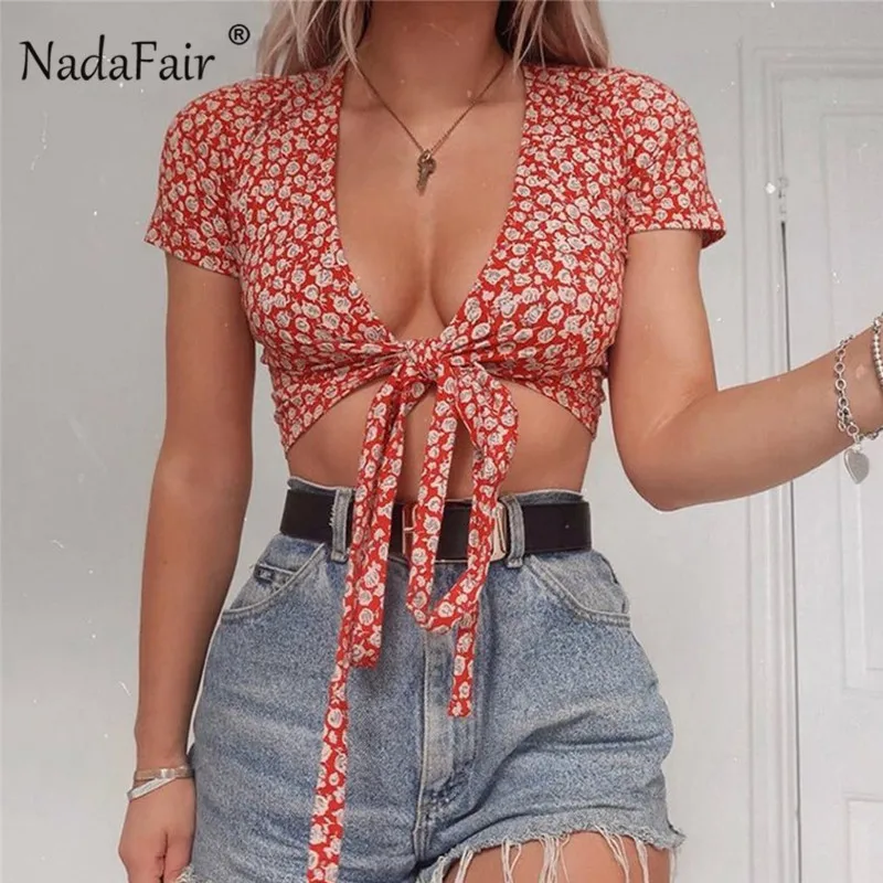 Женский топ с цветочным принтом Nadafair красный запахом и v-образным вырезом летний