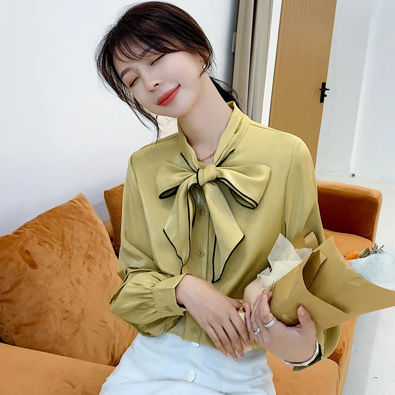 2019 Autumn Women Shirts Bow Full Sleeve Loose + Small Sweet Wind Design Niche Blouse Shirt Yellow 1123