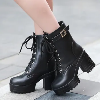 

Women Winter Shoes Warm Leather High Heels Square Platform Martin Boots Ladies Soft Thick Bottom Lace Up Black Short Ankle Boots