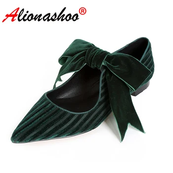 

Women Pointed Toe Flat Shoes Black Green Flock Loafers Women Butterfly Knot Comfortable Slip on Shoes Women Size 34-39