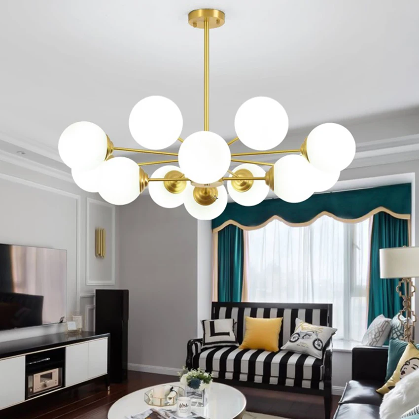 

Nordic full copper luxury chandelier 3-12 white glass shade copper lampbody living room bedroom restaurant suspension luminaires