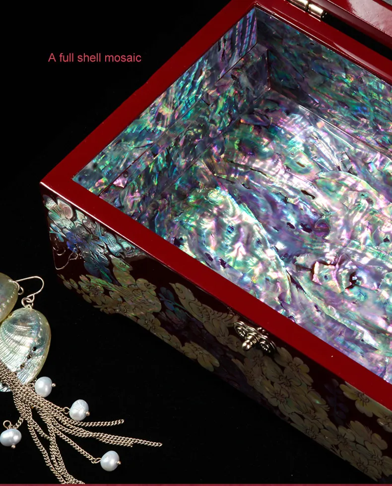 Hand Made Abalone Shell-linlaid Mosaic Jewelry Box Storage Lacquerware Lacquer Arts with Lock 18.2 x 11.2 x 8.6cm Wedding Gift