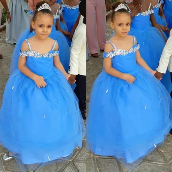 

Adorable Elegant Princess Dress with Spaghetti Straps Crystals Zipper Back Custom Made Flower Girl Dress For Wedding Kids Pageant Gowns Longo
