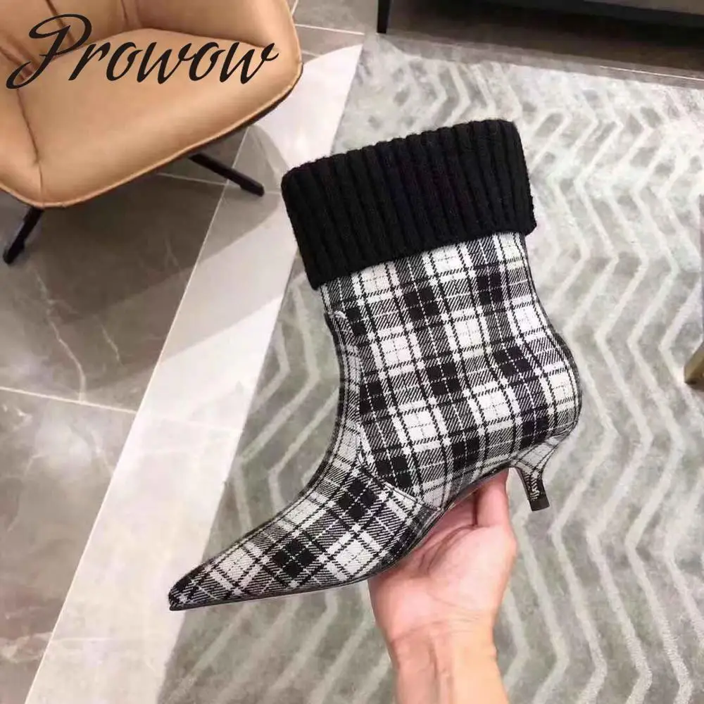 

Prowow New Grid Fabric Sexy Pointed Toe Ankle Boots Black White Genuine Leather Kitten Heel Autumn Winter Fashion Boots Shoes