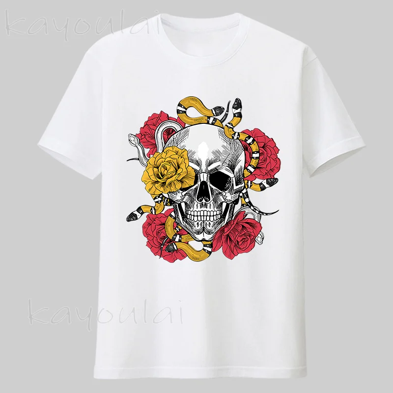 

Quality New Cheap Cotton Mens Clothing Never Dies Skull With Rose And Snake Harajuku Fashion Oversize Print Tshirt