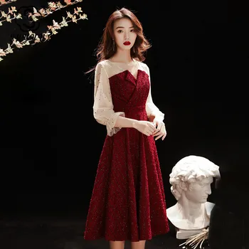 

Skyyue Evening Dress K320 Burgundy Dress V-Neck Three Quarter Sleeve Robe De Soiree 2020 Short A-Line Sequined Woman Party Dress
