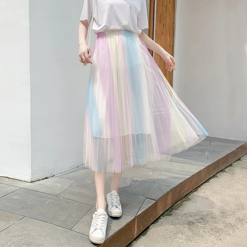 

2019 Harajuku Summer Long Skirts Womens High Waist Rainbow Mesh Skirt harajuku Plus Size Pleated Skirt faldas jupe femme