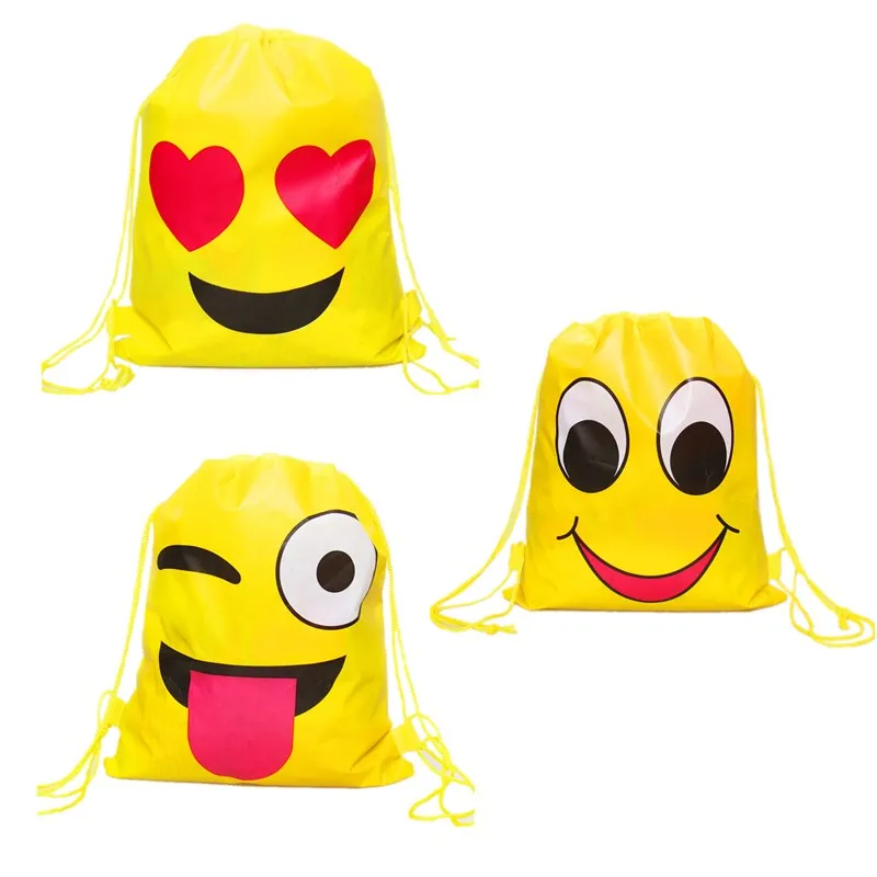 

20pcs/lot Happy Birthday Yellow Drawstring Gifts Bags Baby Shower Party Backpack Kids Girls Favors Emoji Theme Decorate Mochila