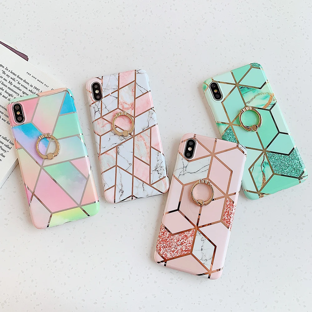 

SUYACS Electroplated Marble Phone Case For iPhone XR XS Max 6 6S 7 8 Plus X Soft IMD Phone Back Cover With Finger Ring Holder