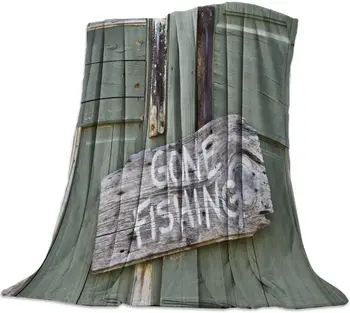 

Vintage Country Wooden Door Rustic Wood Board Text Gone Fishing Throw Flannel Blankets Super Soft Flannel Blankets for Sofa Bed