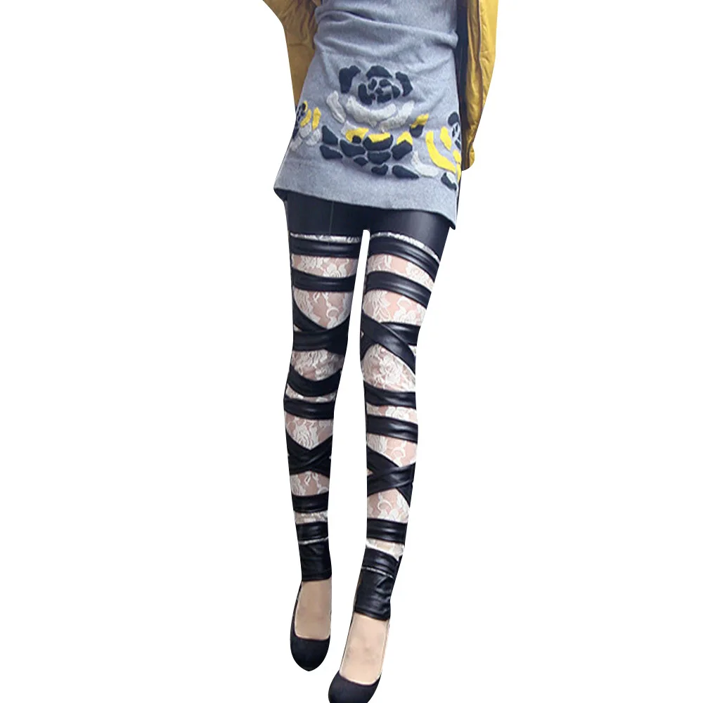 

Europe And America New Style WOMEN'S Dress Fashion Bandage Cloth Leggings Bundled Faux Leather Rose Lace Joint Capri Pants Women