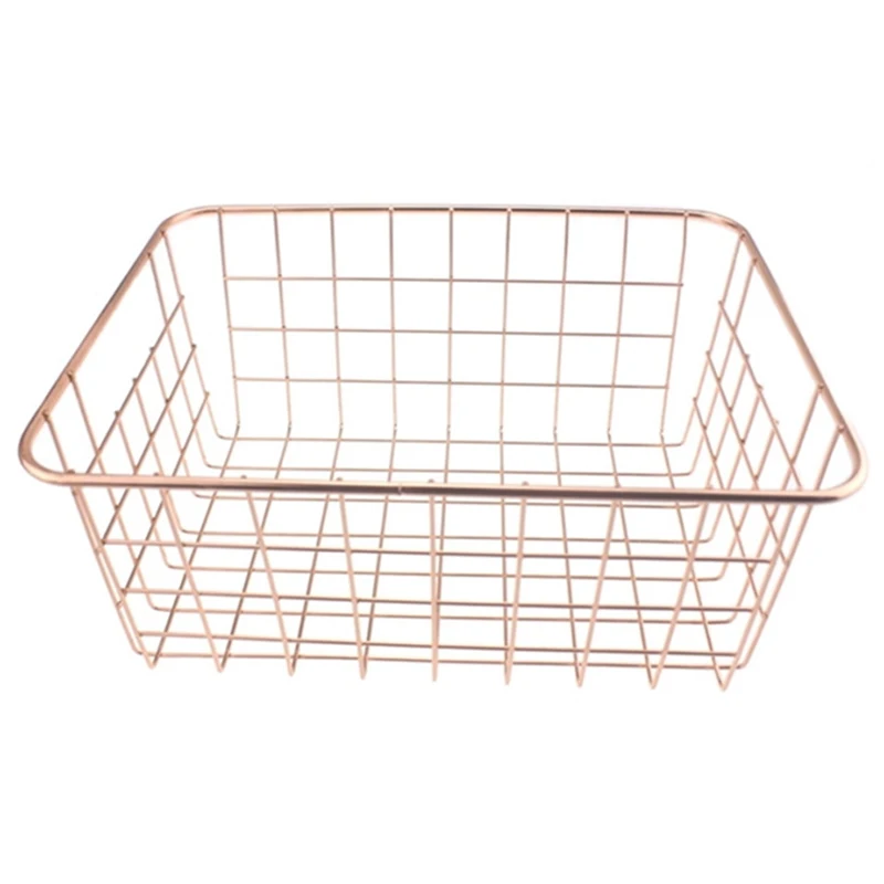 

Nordic Style Metal Wire Storage Basket Cosmetic Organizer Holder Home Office Desk Toiletry Collection Bathroom Shelf-Rose Gold