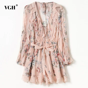

VGH Vintage Print Jumpsuit Women V Neck Flare Long Sleeve High Waist Ruffle Lace Up Casual Female Jumpsuits 2020 Fashion Clothes