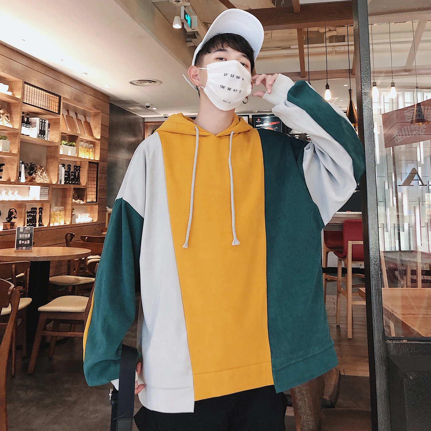 

2019 Autumn And Winter Men's New Casual Contrast Color Stitching Hooded Hoodies Loose Temperament Trend Cotton Harajuku
