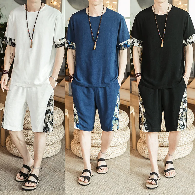 

2pcs Set Kimono Crane Japanese Men Short-Sleeve T-shirts Embroidered Clothes Harajuku Short Pants Japan Haori Costumes Top+Pants