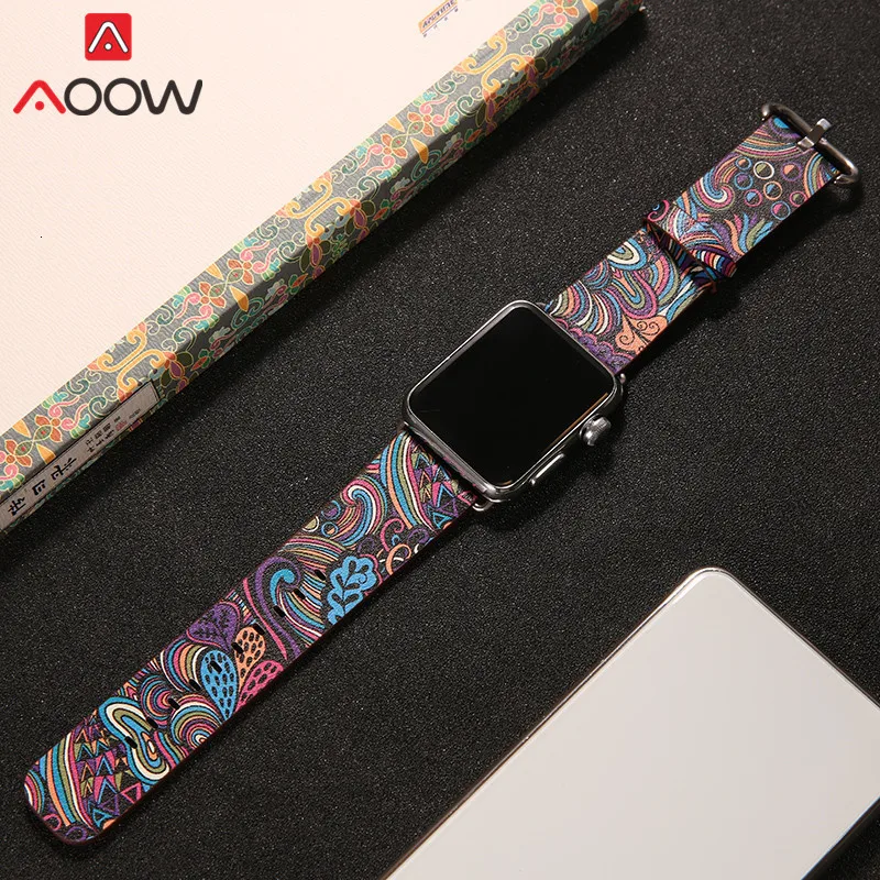 Кожаный ремешок для часов Apple Watch 38 мм 42 мм 40 мм 44 мм цветочный ремешок с цветочным принтом Национальный Стиль Браслет ремешок для iwatch 1 2 3 4