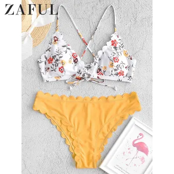 

ZAFUL Floral Lace-Up Scalloped Bikini Swimsuit Criss Cross Removable Padded Mix And Match Bikini Set Low Waisted Two-Piece Suits