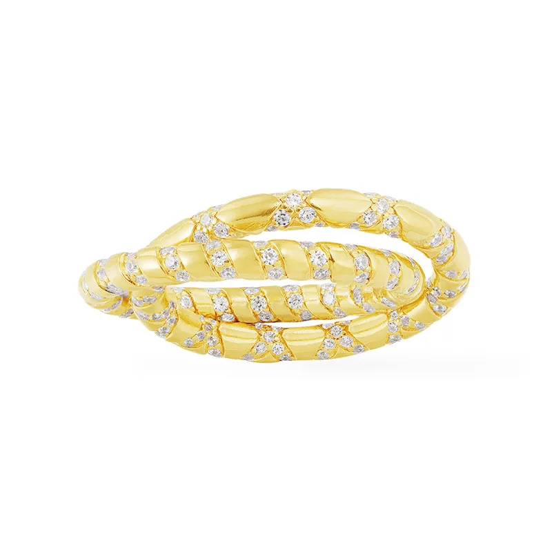 

SLJELY Fashion 925 Sterling Silver Yellow Gold Color Intertwined Double Circles Finger Ring Paved Zirconia Women Mana Jewelry
