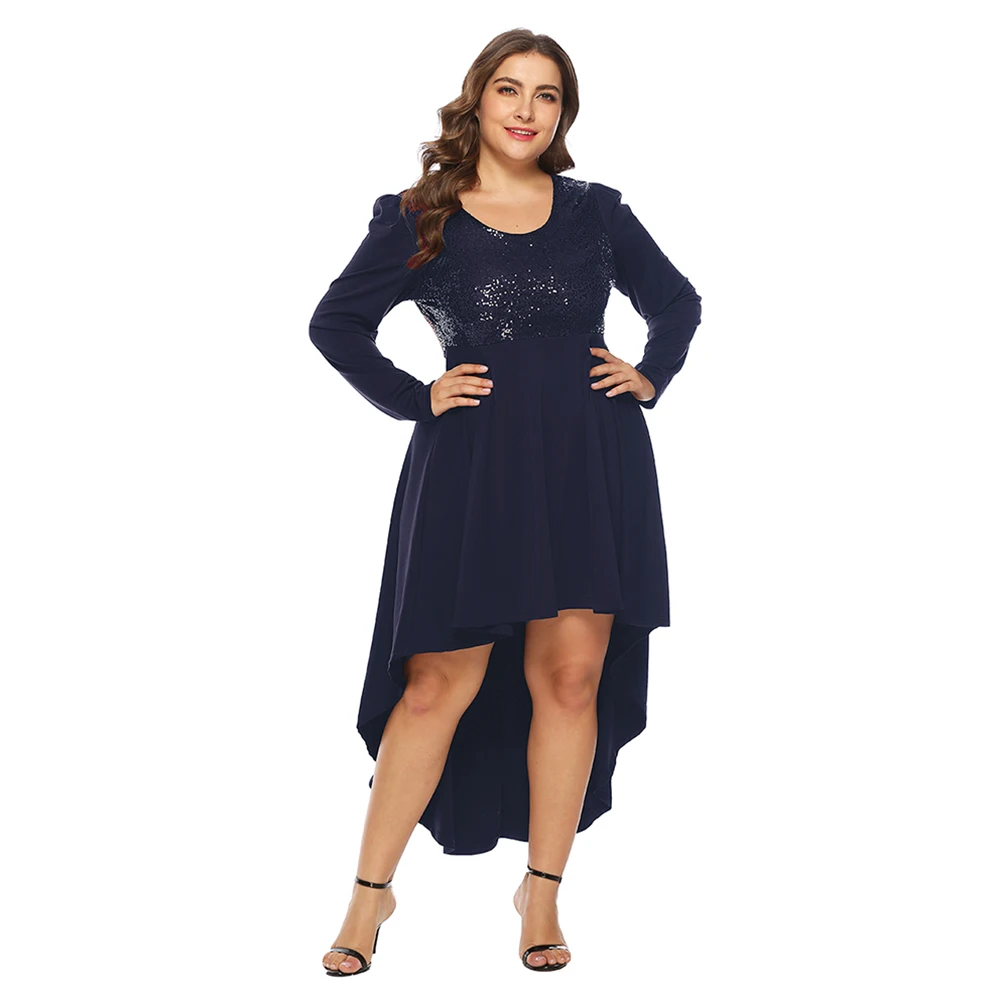 

Fadzeco Women Sequin Dresses Plus Size Autumn Long Sleeve Round Neck High Low Hem Club Party Dress