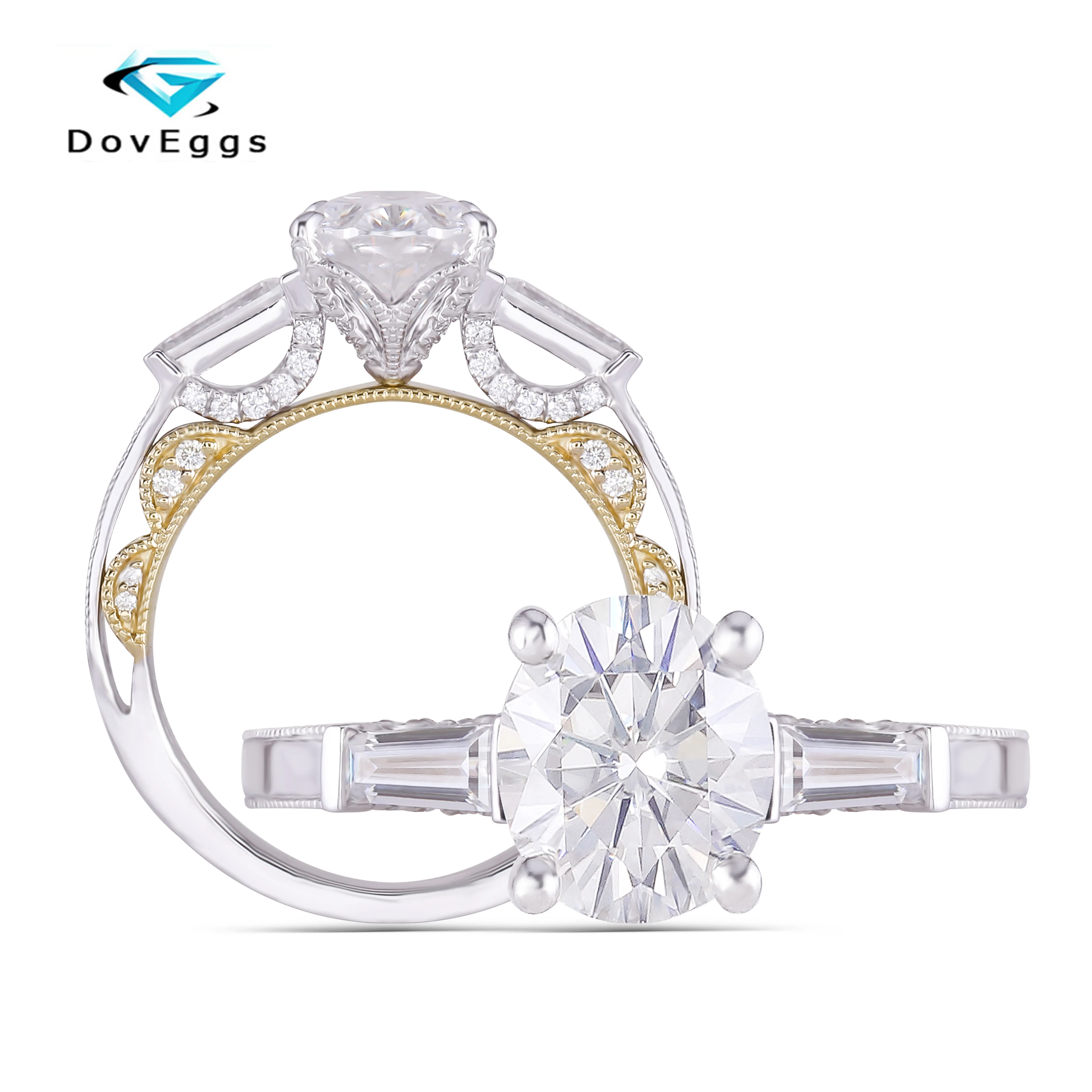 

DovEggs 14k White and Yellow Gold Center 2ct 7*9mm DEF/GH Color Oval Cut Moissanite Wedding Engagement Women Ring with Accents