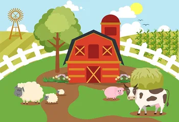 

7x5FT Red Barn Farm Cute Animals Pig Cow Floral Flowers Wood Fence Custom Photo Studio Backdrop Background Vinyl 220cm X 150cm