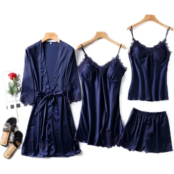 

4 Piece Sexy Pajamas Set Women Faux Silk Dressing Gown Lace Sling Shorts Summer Robe for Spring Summer Autumn Sleepwear Lingerie