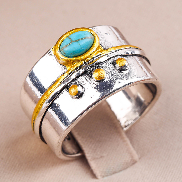 Bohemian Style Width Ring Inlaid Oval Green Stone  Two Tone Design Finger s For Women Personality Jewelry G4M825
