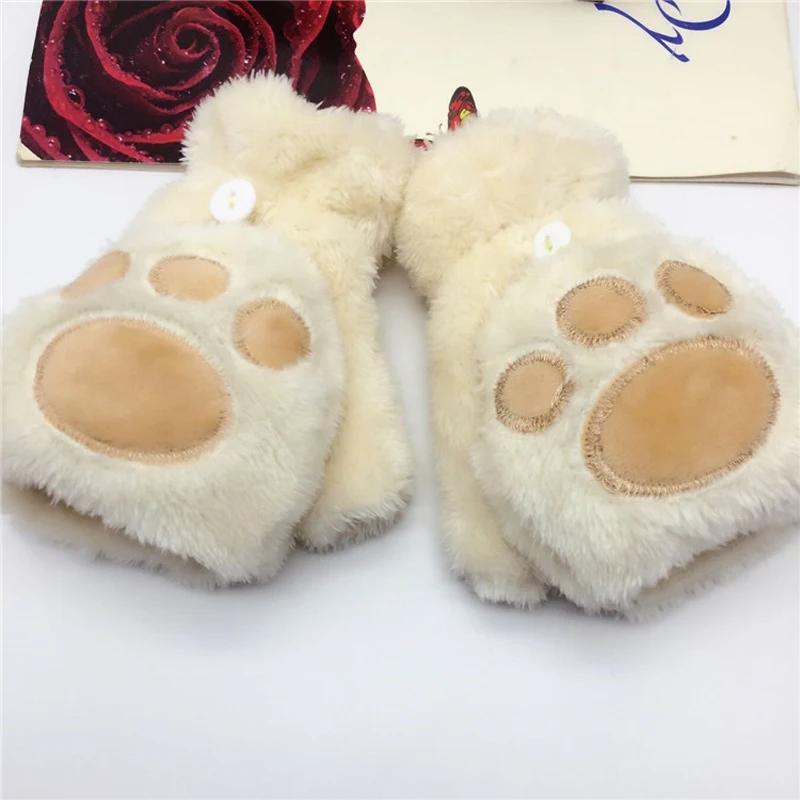 Женские перчатки с милым медведем, зимние теплые 3D перчатки с медвежьими лапами, перчатки без пальцев, пушистый медведь, кошка, плюшевые перчатки с лапой, косплей рукавицы
