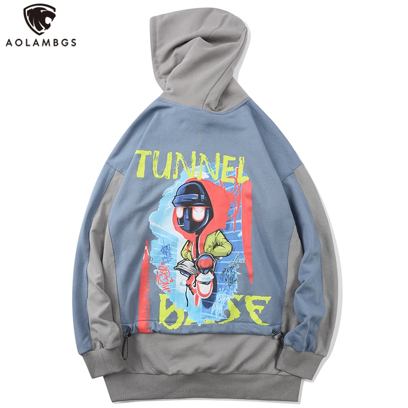 

Aolamegs Autumn Patchwork Hoodies Men Couple Harajuku Loose Sweatshirt Cool Cartoon Print High Street Skateboard Hooded Pullover