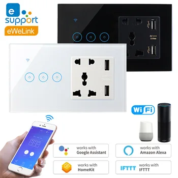 

WiFi Smart Switch With Socket & USB Glass Panel Wall Light Switch Voice Touch Control 1/2/3-Gang Works with Alexa Google Home
