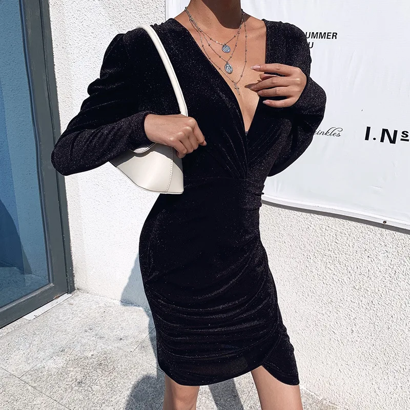 

Gothic Black Women Low Cut V-Neck Folds Splice Long Sleeve Slim Mini Dress 2020 Spring Goth Female Solid Color Bodycon Dresses
