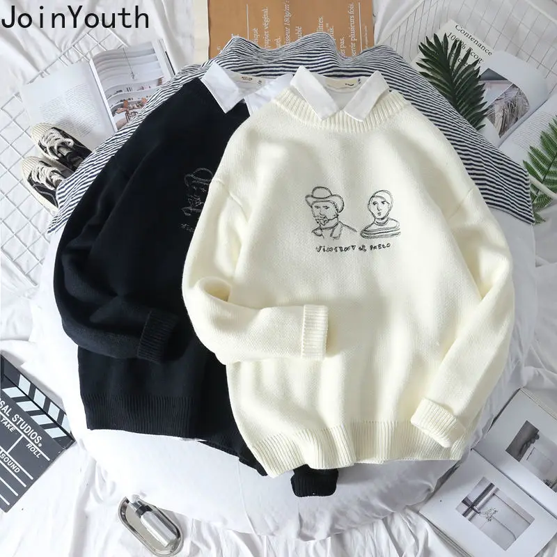 JoinYouth Harajuku Embroidery Men Women Sweaters Couple Pullovers Fashion All Match Loose Pull Femme 2020 New Tops Casual J341 | Женская