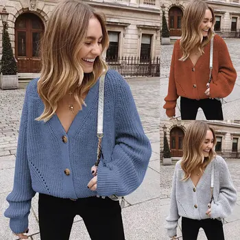 

Autumn Women's New Sweater Casual Solid Color Button Sweater Cardigan Sweater Female Jacket