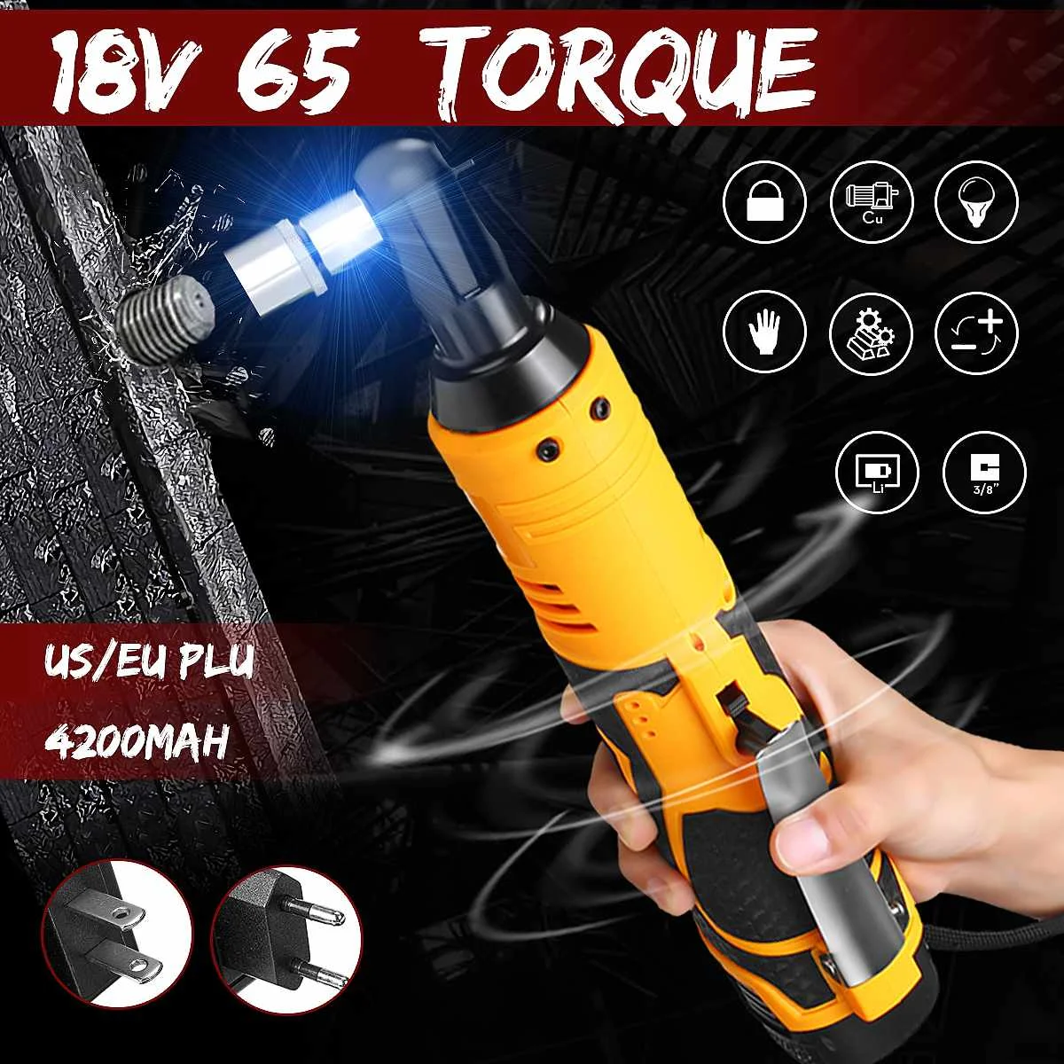 

18V Max Torque 65 Power Cordless Ratchet Wrench Li-ion Electric Wrench 4200mah Compact Size Battery and Charger