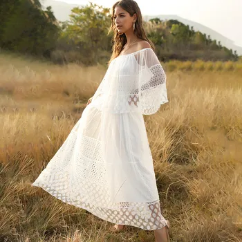

NODELAY 2020 Off shoulder Bikini Cover up Lace Beachwear Pareo Sexy hollow Cover-up Beach Wear Female white Beach Tunic Dress