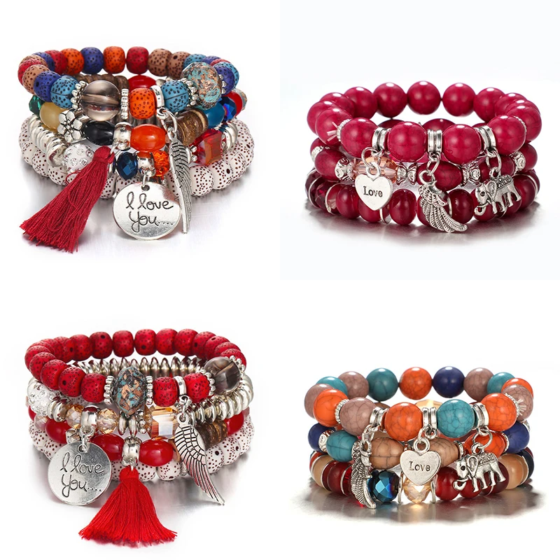 

Bohemia Mix Beads Tassel Barcelet For Women Ethnic Vintage Pearl Love Heart Pattern Silver Bracelets Friendship Jewelry Femme