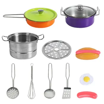 

14Pcs Kids Kitchen Toys Set Stainless Steel Cooking Cookware Kids Pretend Play Kitchen Playset Toy Girls Mini Tableware Utensils