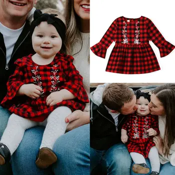 

CANIS Christmas Kid Baby Girl 2019 Long Sleeve Ruffles Floral Printed Plaid Party Pageant Princess Xmas Dress Outfits Sundress