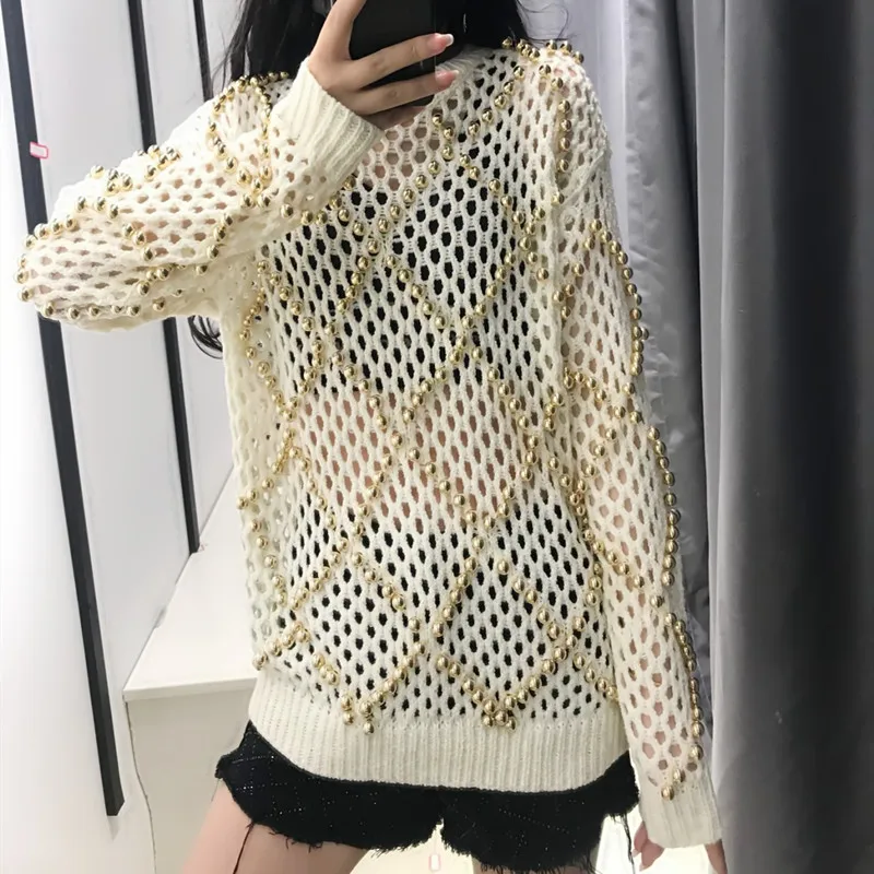 Women Pearl Sweater Hollow Hedging Sweater Women