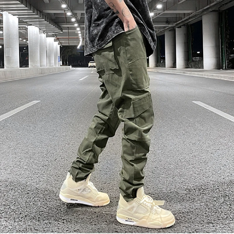 slim fit golf trousers High Street Drawstring Multi-pockets Cargo Pants Mens Straight Loose Casual Overalls Harajuku Oversize Baggy Trousers mens running pants