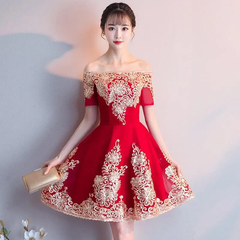 Красные женские вечерние платья с вырезом лодочкой, Мини Cheongsam, элегантные, с коротким рукавом, Qipao, сексуальные, тонкие, свадебные платья, Vestidos xs-xxxl - Цвет: Dark Red - B