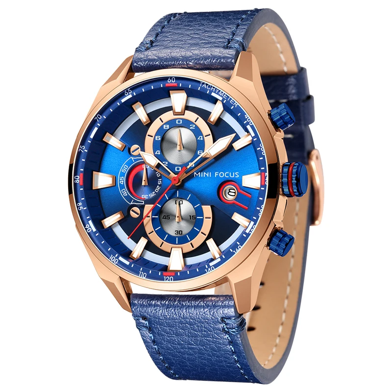 Ceny MINI FOCUS zegarek kwarcowy mężczyźni wodoodporna niebieska skóra pasek luksusowa marka Fashion Design wielofunkcyjny zegarek sportowy zegarek męski