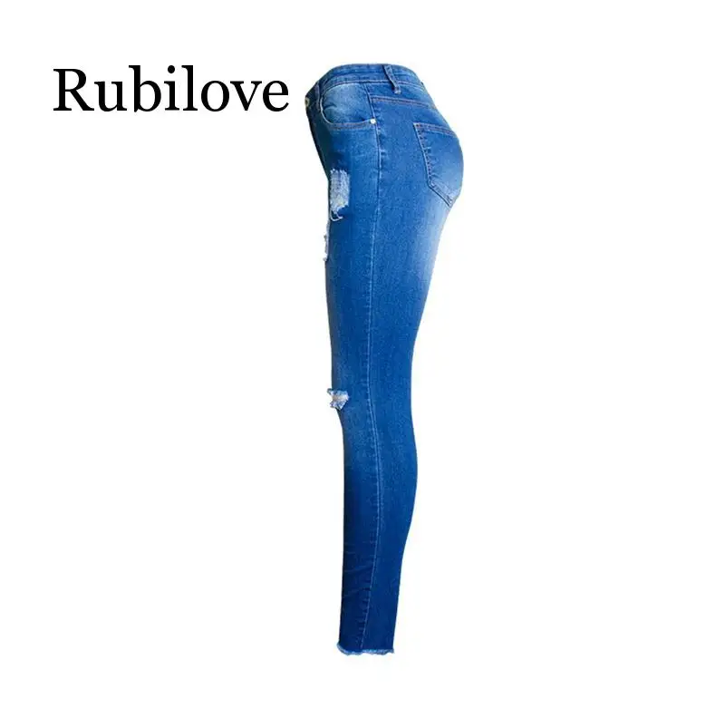 Rubilove, модные повседневные сексуальные синие джинсы, женские хлопковые джинсовые брюки со средней талией, Узкие рваные узкие брюки с дырками, ковбойские джинсы