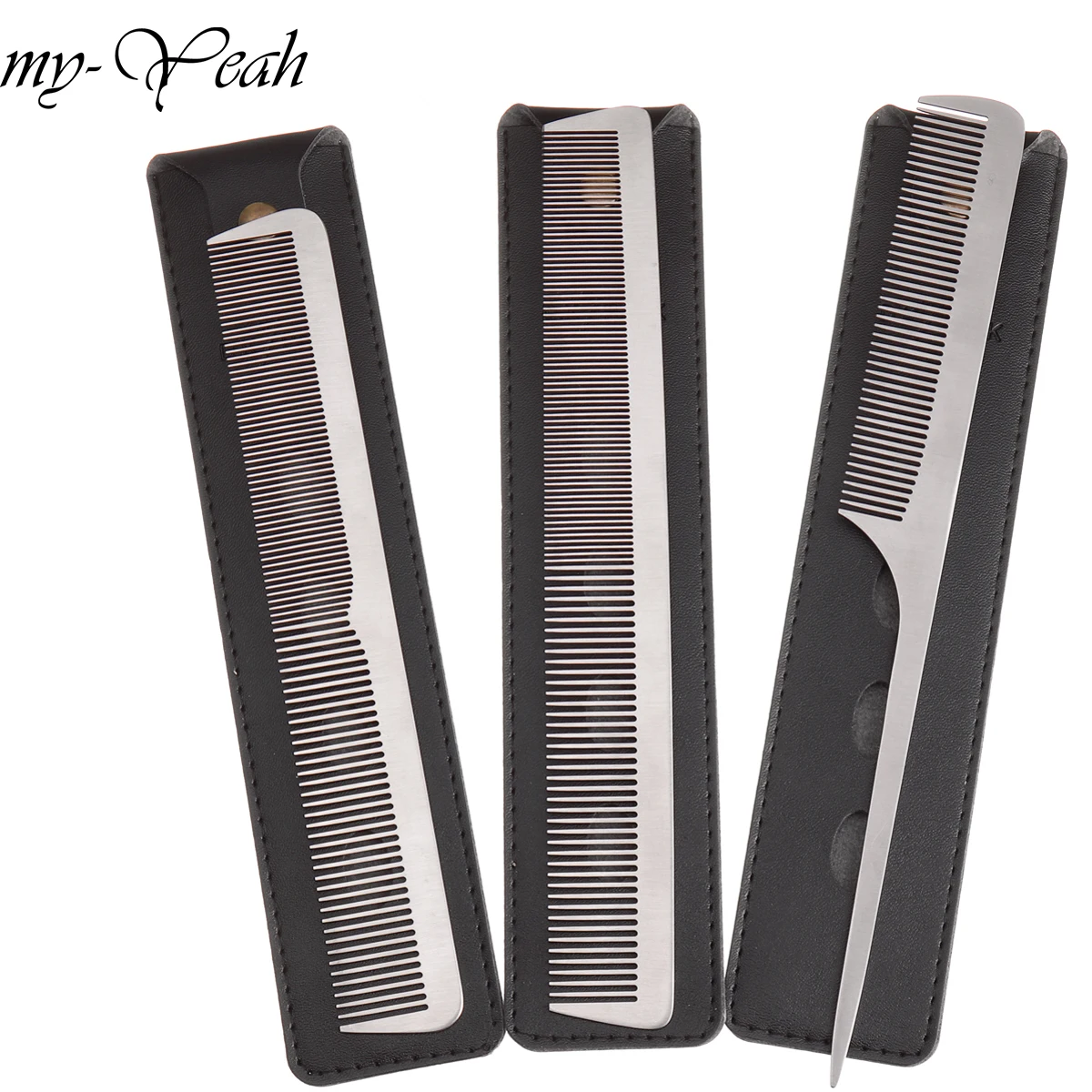 

3 Style Metal Hair Comb Detangling Hairstyling Straightening Section Comb Barber Haircutting Combs With Leather Case