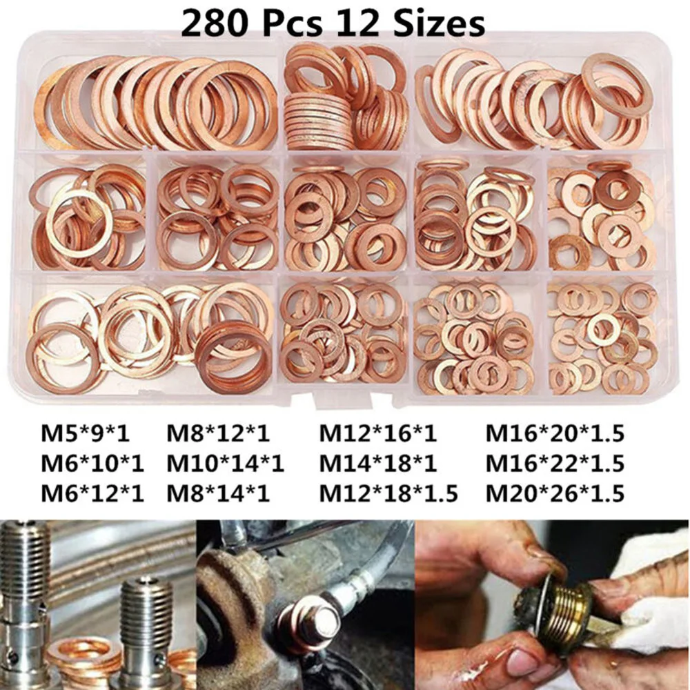 280Pcs 12 sizes Car Engine Assorted Copper Crush Washers Seal Flat Ring Gasket