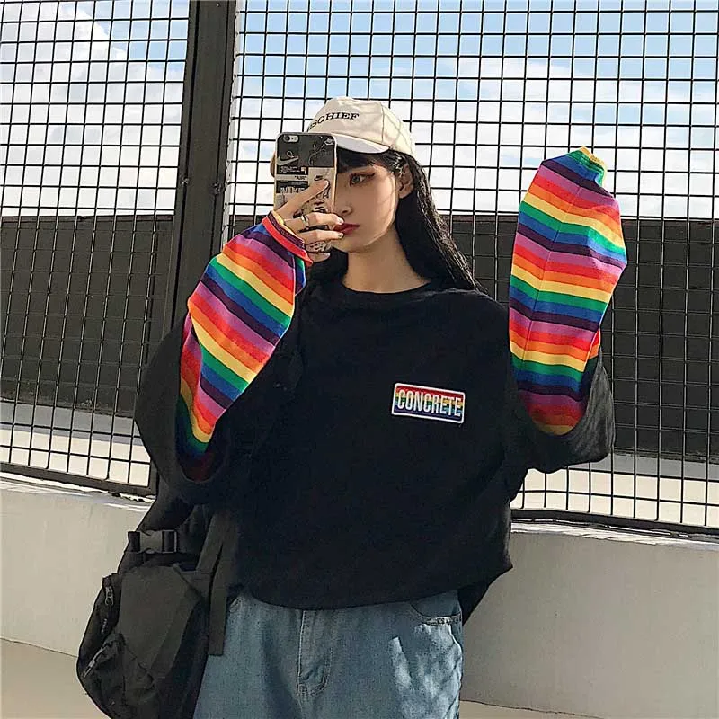 NiceMix Harajuku футболка Женская Лоскутная мультяшная печать буквы комиксы Свободная рубашка с длинным рукавом женская уличная orversize футболка