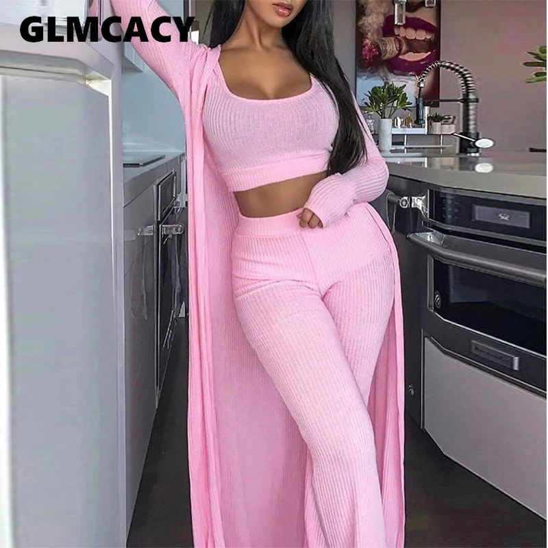 

3-Piece Rib Lounge Set Women Chic Comfort Solid Pant Sets