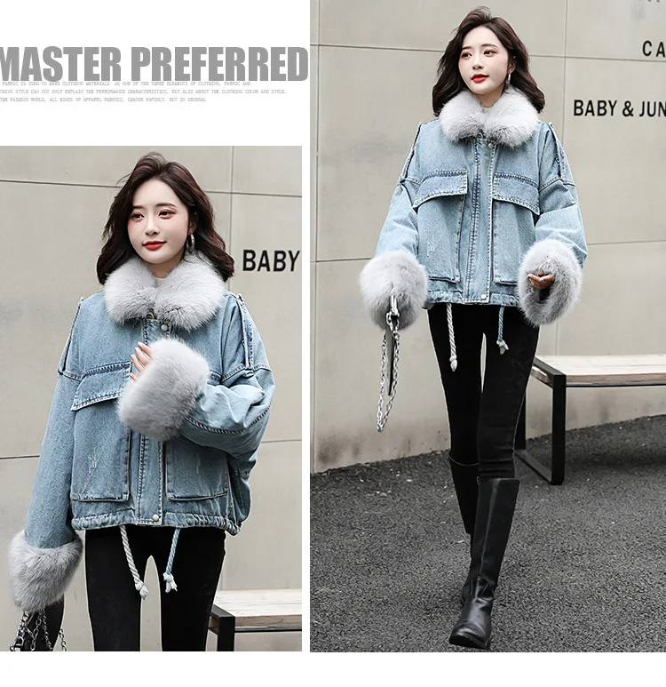 Модная Корейская утолщенная женская джинсовая куртка зима с длинным рукавом и большим меховым воротником, теплые женские джинсовые пальто, верхняя одежда