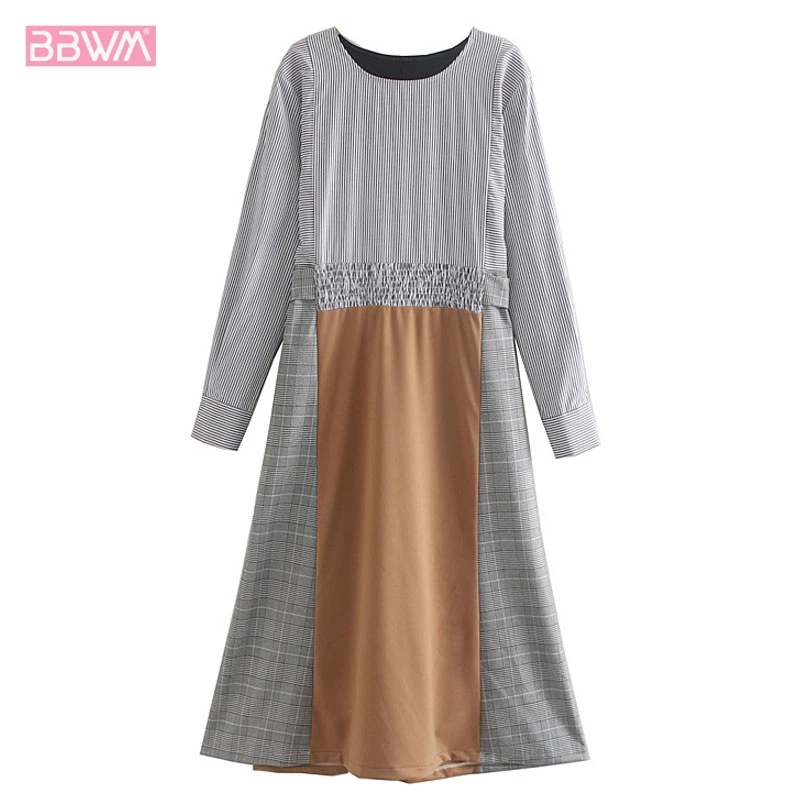 

2019 Autumn Fashion Wild Round Neck Long Sleeves Slim Western Striped Stitching Female Dress Harajuku Houndstooth Women's Dress
